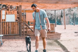 Owner of Good dog trainer teaching a dog how to walk off leash