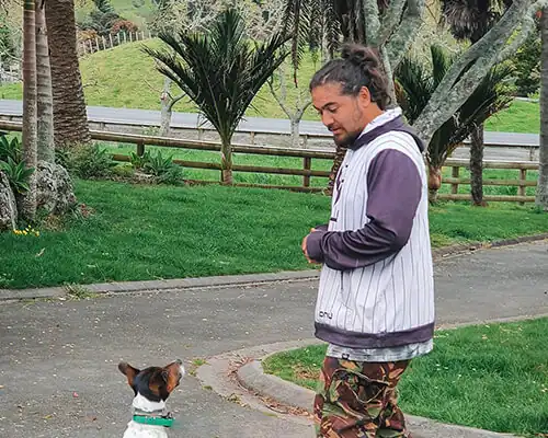 Good Dog Training Staff member teaching a small dog how to sit and stay