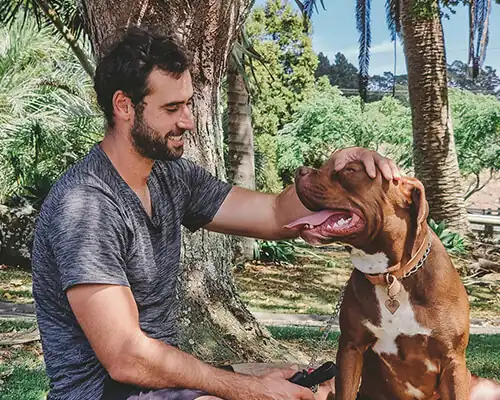 Ryan owner of Good Dog Sitting down patting a dog.