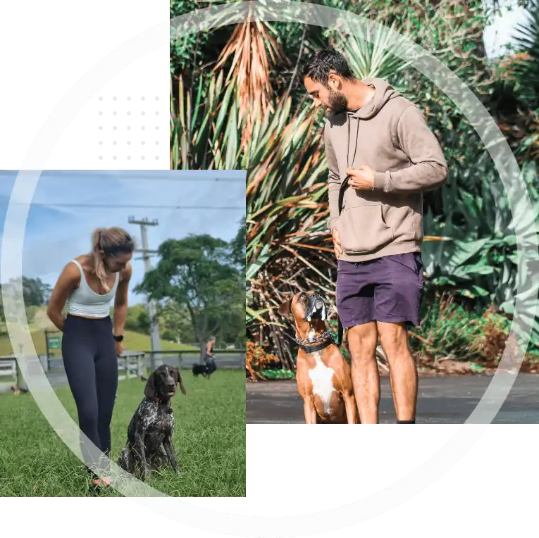 Two images of two dog trainers teaching their dogs to sit and stay off leash